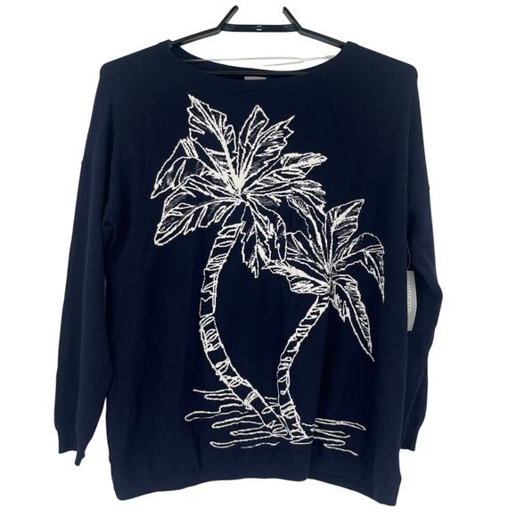 Chicos Palm Tree Womens Sweater Sz L Coastal Resort Beachy Embroidered Navy New - Picture 1 of 11